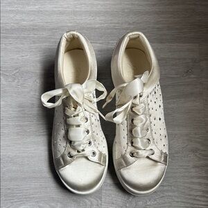 Badgley Mischka Satin Lace-Up Sneakers in Ivory with rhinestones